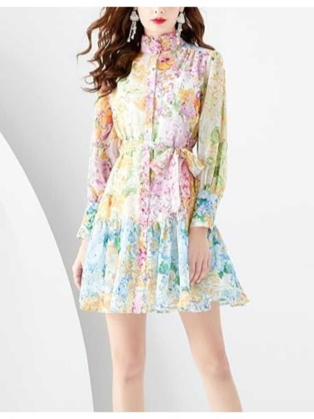 Floral Long-Sleeve Mini Dress with High Necktie Waist & Ruffled Hem for Women La